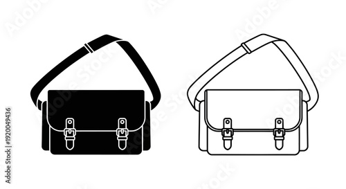 Black and white messenger bags with buckles and straps, minimalist design Vector