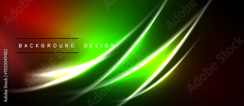 Vibrant abstract background features smooth color gradients. Red transitions to green with bright neon light streaks. Modern design element.