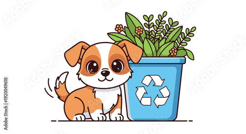 Cute Puppy and Plant in Recycle Bin Pot