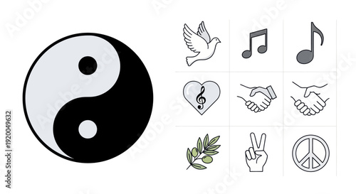 Harmony and Peace Symbols: Yin Yang, Dove, Music Notes, Heart, Handshake, Olive Branch, V sign