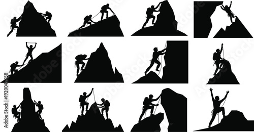 Set of rock climber silhouettes including mountaineers climbing steep cliffs with ropes and gear, extreme sports and outdoor adventure vector on white.