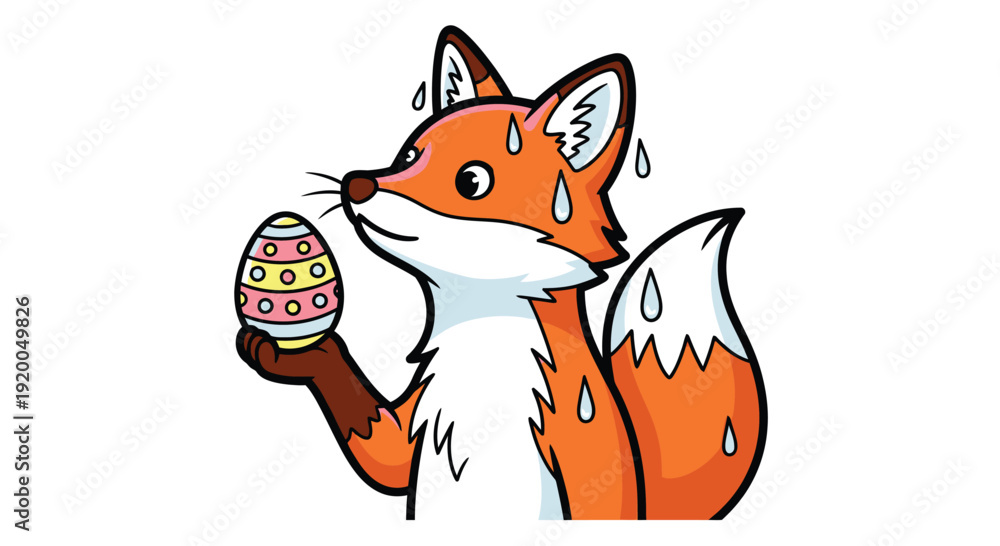 Obraz premium Cute Red Fox Holding Easter Egg in Splashing Sweat