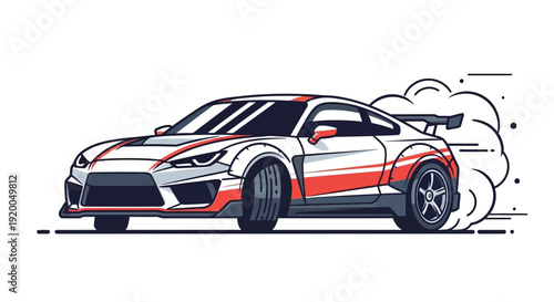 Dynamic vector illustration of a sporty sedan performing a drift with stylized smoke motion. Clean modern design highlighting speed, performance, and automotive power. Ideal for motorsport themes, rac