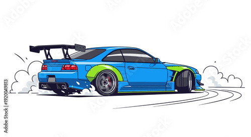 Dynamic vector illustration of a sporty sedan performing a drift with stylized smoke motion. Clean modern design highlighting speed, performance, and automotive power. Ideal for motorsport themes, rac