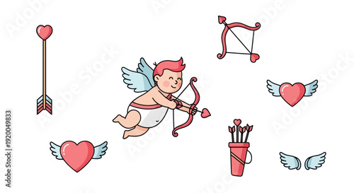 Cute Cupid with Bow and Arrow, Hearts, Wings, and Quiver - Valentine's Day Vector Icons