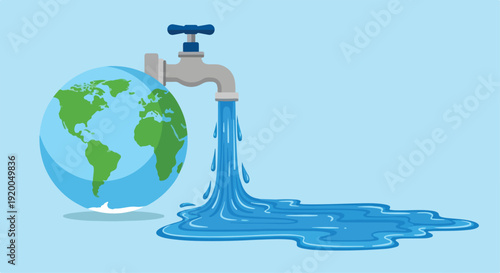 Cartoon Earth Globe with Running Water from Faucet Illustration