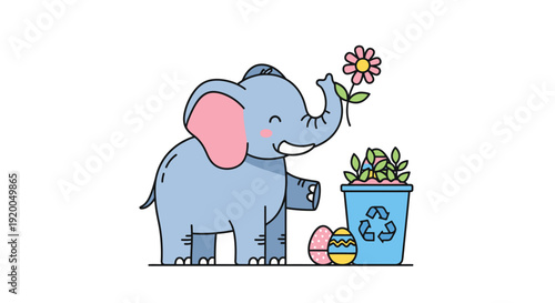 Cute blue elephant with flower and recycling plant in a pot for children