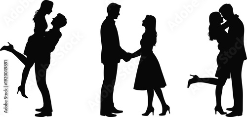 Set of romantic couple silhouettes including man lifting woman, holding hands, and hugging, young lovers in various affectionate poses, isolated on white.