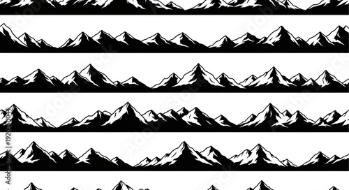 Seamless pattern of stylized mountain ranges in black and white.