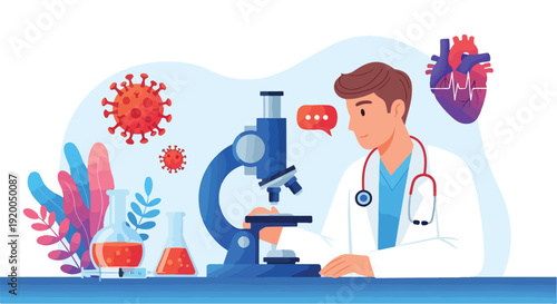 Medical Scientist Using Microscope for Virus Research Vector Illustration