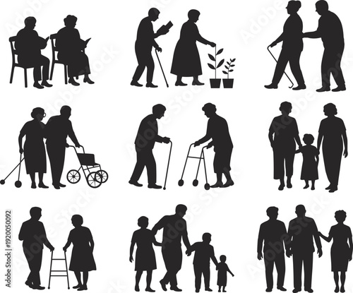 Set of elderly people silhouettes featuring seniors sitting, walking with walkers and canes, gardening, and spending time with family, isolated on white.
