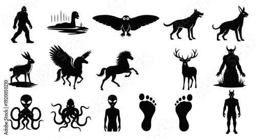 Collection of Mythical Creatures and Cryptids Silhouettes.