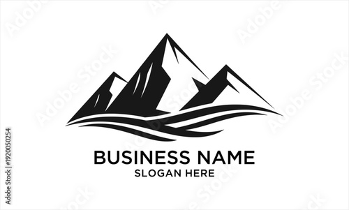 Bold black mountain range with flowing water design for business branding.