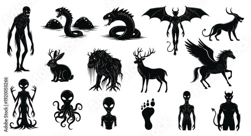 Collection of Mythical Creatures and Cryptids Silhouettes.