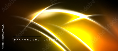 Abstract golden lines create dynamic flow. Bright energy radiates from center, contrasting dark background. Modern design element.
