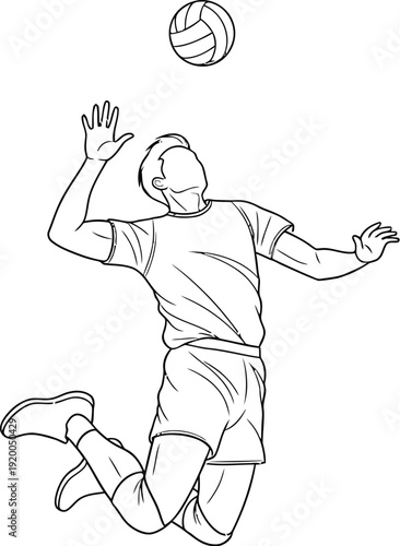 Line art drawing depicts a male volleyball player jumping high in the air preparing to spike the ball during an intense match moment
