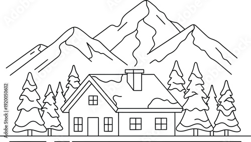 Simple black line art illustration depicts a cozy winter cabin nestled among pine trees with large snowcapped mountains prominently featured in the background.