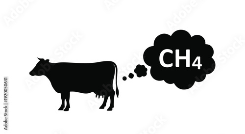 Black Silhouette of Cow Emitting Methane CH4 Gas Cloud Vector Illustration
