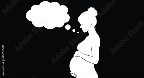 Pregnant Woman Silhouette with Blank Thought Bubble Vector