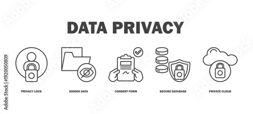 data privacy banner web icon vector illustration featuring icons of privacy lock, hidden data, consent form, secure database, private cloud.