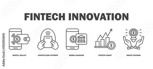 fintech innovation banner web icon vector illustration featuring icons of digital wallet, contactless payment, mobile banking, fintech chart, smart savings.