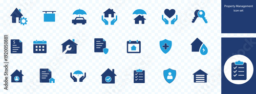 Property Management and Real Estate solid icon set. Includes symbols for Tenant Screening, Smart Home, Property Optimization, and Listing. Solid vector icons for rent and lease.
