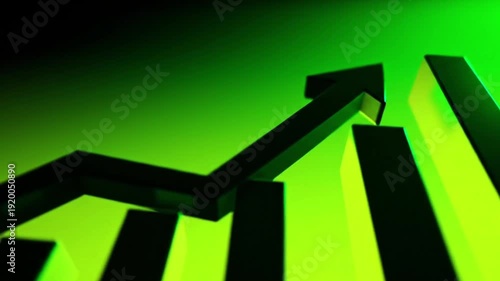 3D animation of a black upward pointing arrow rising across a bright green bar chart symbolizing financial growth and economic success.