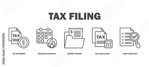 tax filing banner web icon vector illustration featuring icons of tax document, deadline calendar, receipt folder, tax calculator, audit checklist.