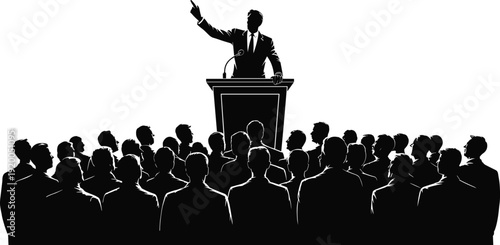 Silhouette of a male public speaker giving an inspiring speech from a podium to a large crowd of business people at a conference,