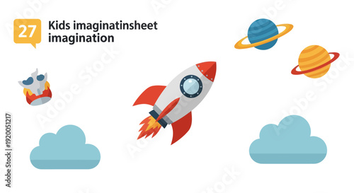 Childs imagination rocket ship flying through space with planets and clouds