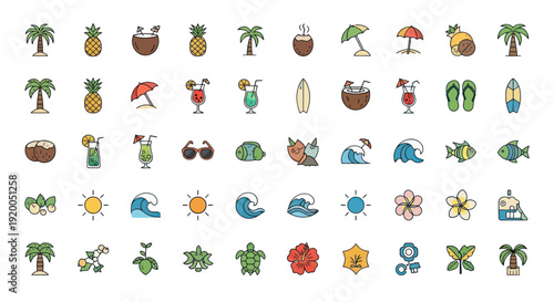 Tropical Summer Icons Set: Palm Trees, Cocktails, Beach, Surfing, Pineapple, Sun