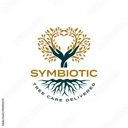 Symbiotic Tree Care Delivered logo with heart-shaped tree and caring hands.