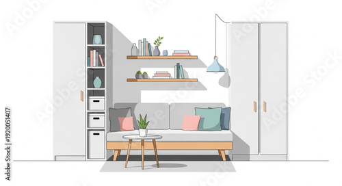 Modern minimalist living room with sofa and shelves.