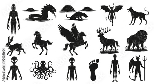 Collection of Mythical Creatures and Fantasy Beings Silhouettes.