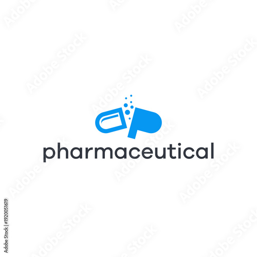 Pharmaceutical logo with an open capsule and the word pharmaceutical.
