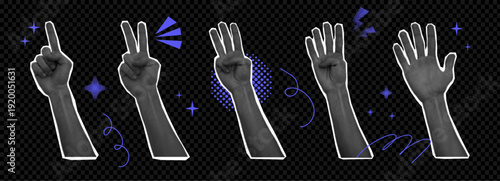 Hand set halftone collage with gesture calculation, different finger numbers, interactive communication signs. Hands show one, two, three, four and five.