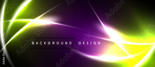 Abstract background features vibrant lines, gradients. Purple, yellow, green hues create dynamic visual effect. Text reads background design.