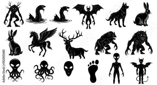 Collection of Mythical Creatures and Monsters Silhouettes.