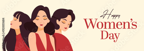 Happy Women’s Day 2026 Banner with Three Women Portrait in Flat Illustration Style