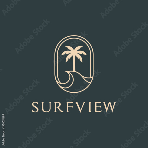 Elegant Surfview logo with palm tree and wave in a minimalist oval frame.