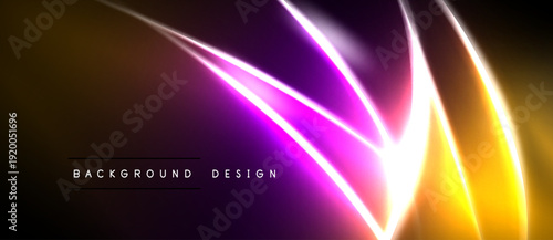 Abstract vibrant lines create dynamic glow. Golden, purple hues blend into dark background. Modern design element.