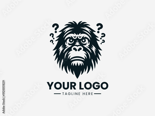 Confused orangutan face showing curious expression representing playful character and friendly mascot identity in clean black vector logo illustration