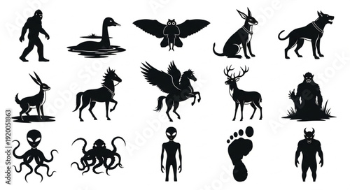 Collection of Mythical Creatures and Cryptids Silhouettes.