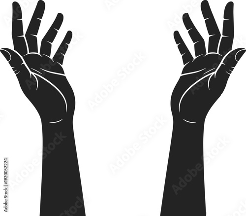 Silhouette of open human hands raised in prayer or worship, religious and spiritual concept of giving, receiving, and peace, isolated on white.