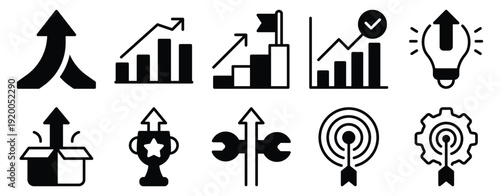 Growth success solid mix style icon set for business progress analytics targets awards and performance