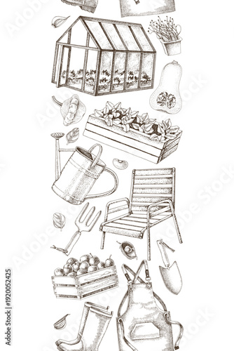 Gardening vector seamless border with hand drawn elements