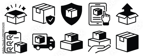 Box delivery line style icon set for shipping logistics courier tracking and ecommerce packaging