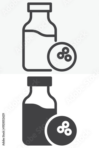 Coconut milk bottle icon set in line and solid style. Outline and filled coconut drink icon with editable stroke vector sign and symbol for organic vegan dairy free product.