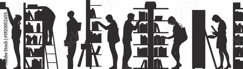 Silhouette of people in a library or bookstore, students and readers browsing bookshelves, picking books, and studying in a quiet educational environment.