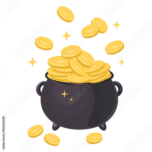 Gold Coins Cauldron, Lucky Pot Illustration. Treasure Pot Vector, Gold Coin Illustration. Luck and Gold Clipart.